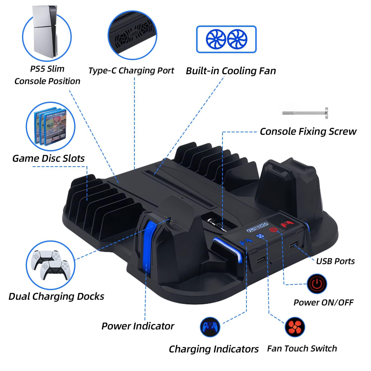 Mcbazel PS5 Slim Station de Charge de Refroidissement Turbo 3 Vitesses Multifonctionnelle Double Manette Chargeur de Ventilateur pour PS5 Slim Disc/Digital Console – Noir(Non pour PS5/PS5 Pro)