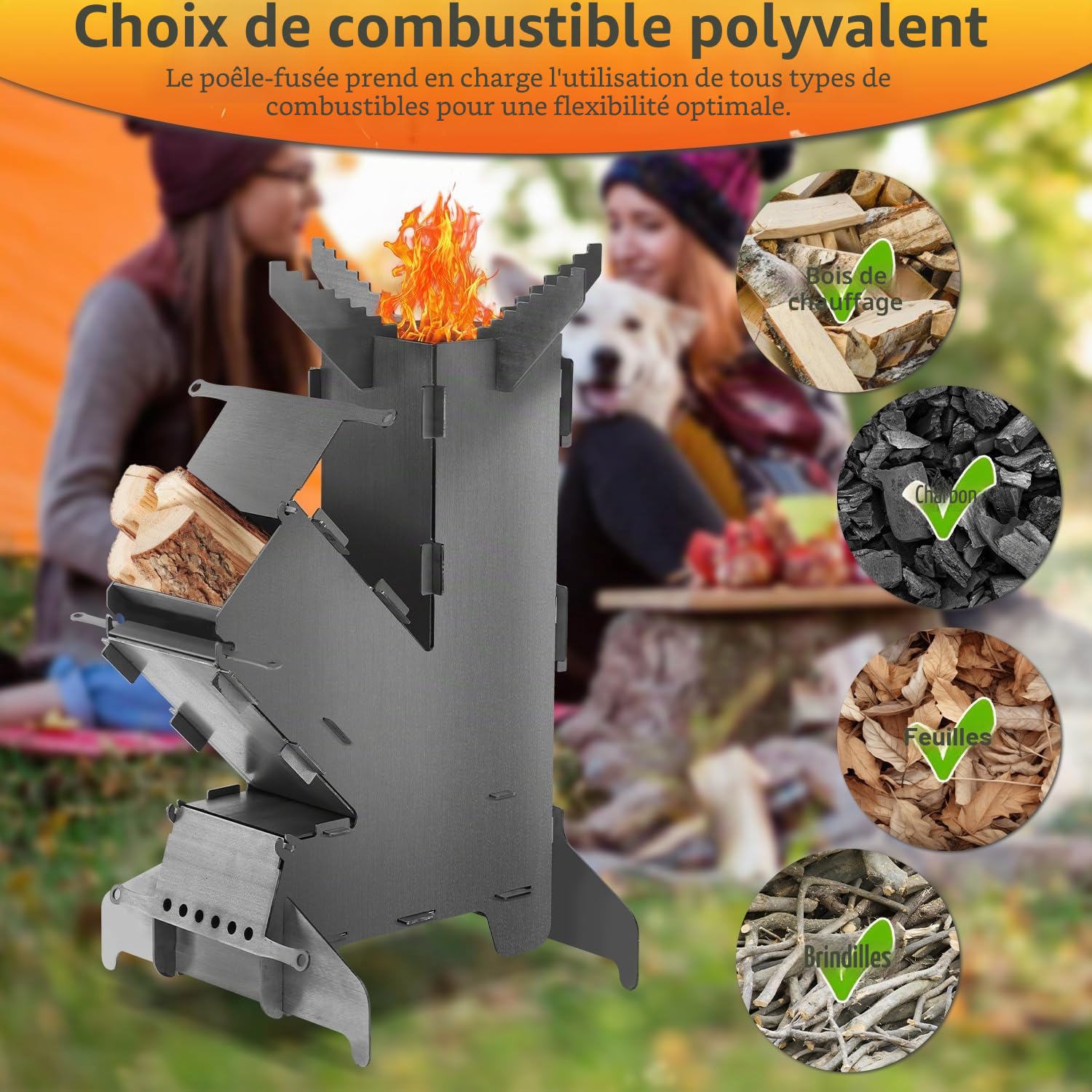 Eulenke Poêle à fusée avec plaque de cuisson et crochet de feu, système d'emboîtement Rocket Stove en acier de 3 mm d'épaisseur, poêle à fusée, poêle à bois, réchaud de camping, poêle à canon pour