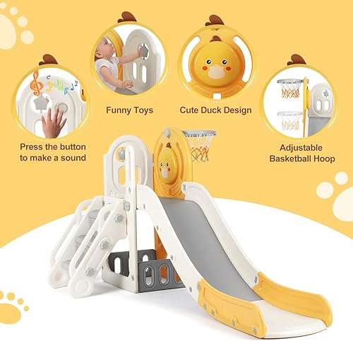 Miniatura 4 de JOYLDIAS Tobogán independiente 5 en 1 para niños pequeños, en forma de L, con aro de baloncesto y pelota, escalón antideslizante y espacio de
