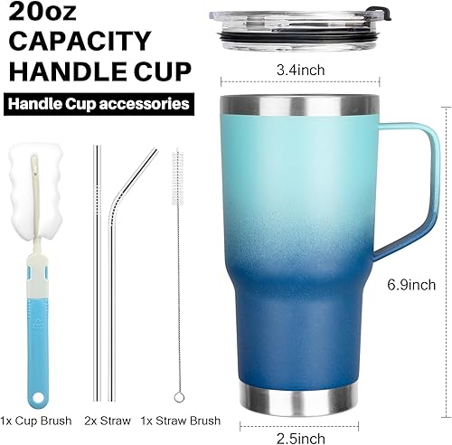 Miniatura 2 de Vaso de 20 onzas con asa, vaso aislado de acero inoxidable con tapa y pajilla, vaso de café aislado al vacío de doble pared, taza térmica de café