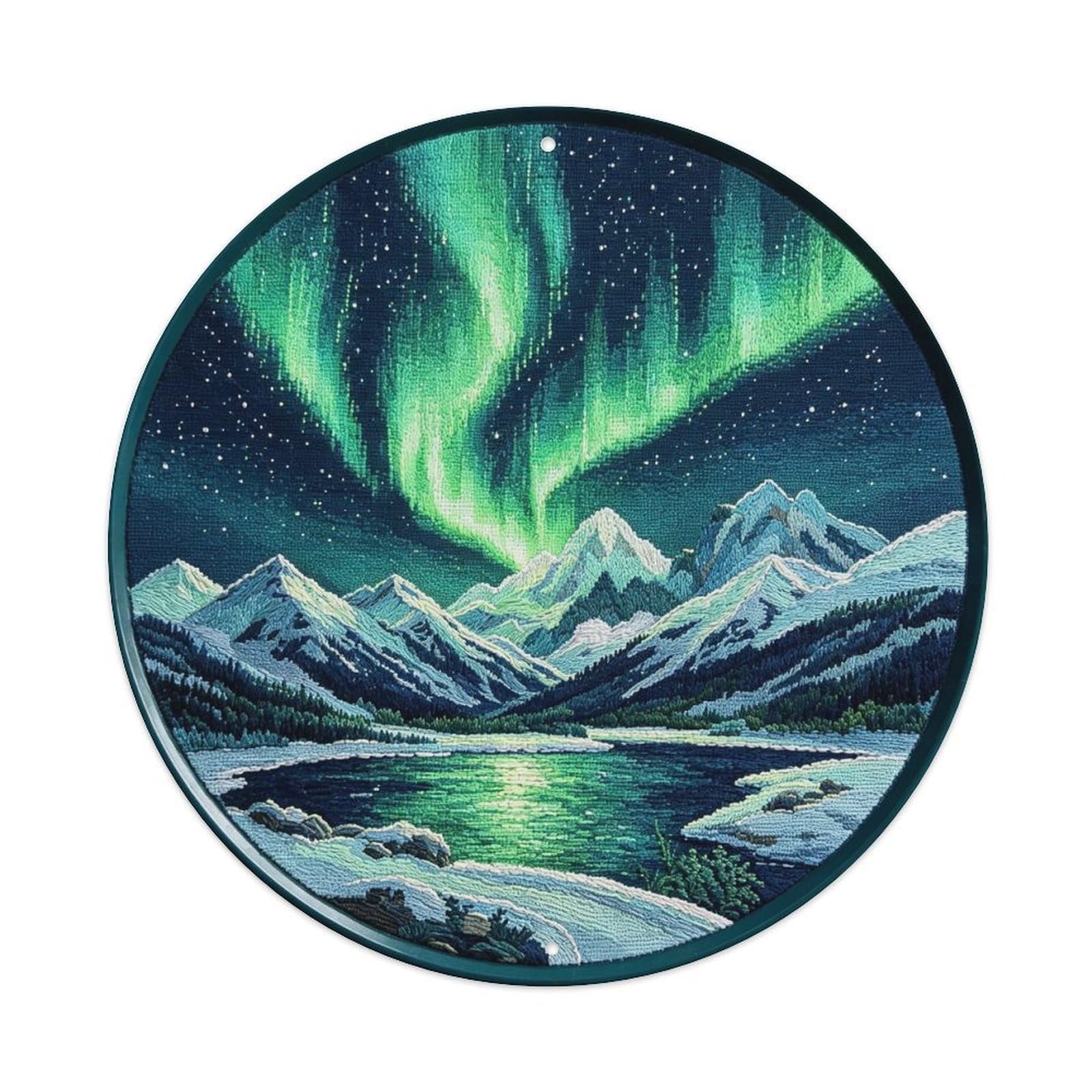 Northern Lights Mountain Embroidery Metal Tin Sign Plaque