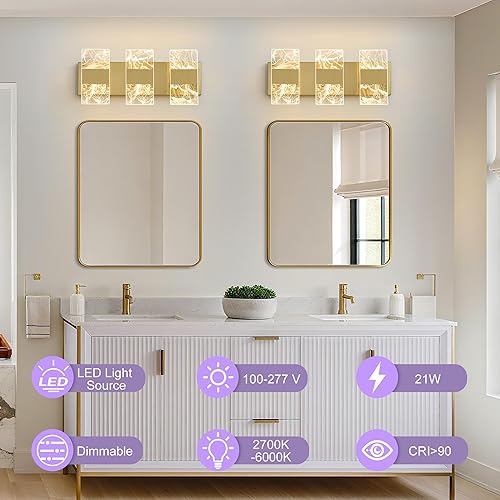Miniatura 2 de Moderna lámpara LED de baño, regulable, 3 luces, color dorado, 5CCT, ajustable, luces de tocador sobre el espejo, luces LED de acrílico ahumado para