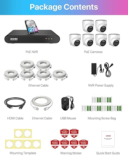 Miniatura 9 de ZOSI H.265+ Sistema de cámara de seguridad PoE 2K 2K para exteriores e interiores, NVR PoE de 8 canales con disco duro de 1 TB para grabación 247 y