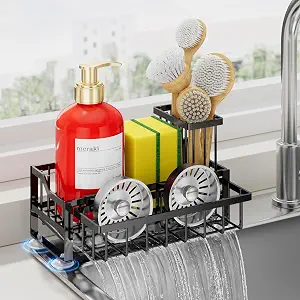 Kitchen Sink Caddy Organizer with 2 Dish Brush Holders, Sponge Holder for Kitchen Sink, Self Drain Rustproof Stainless kitchen Countertop Organizers and Storage, Soap Dispenser Scrubber Holder