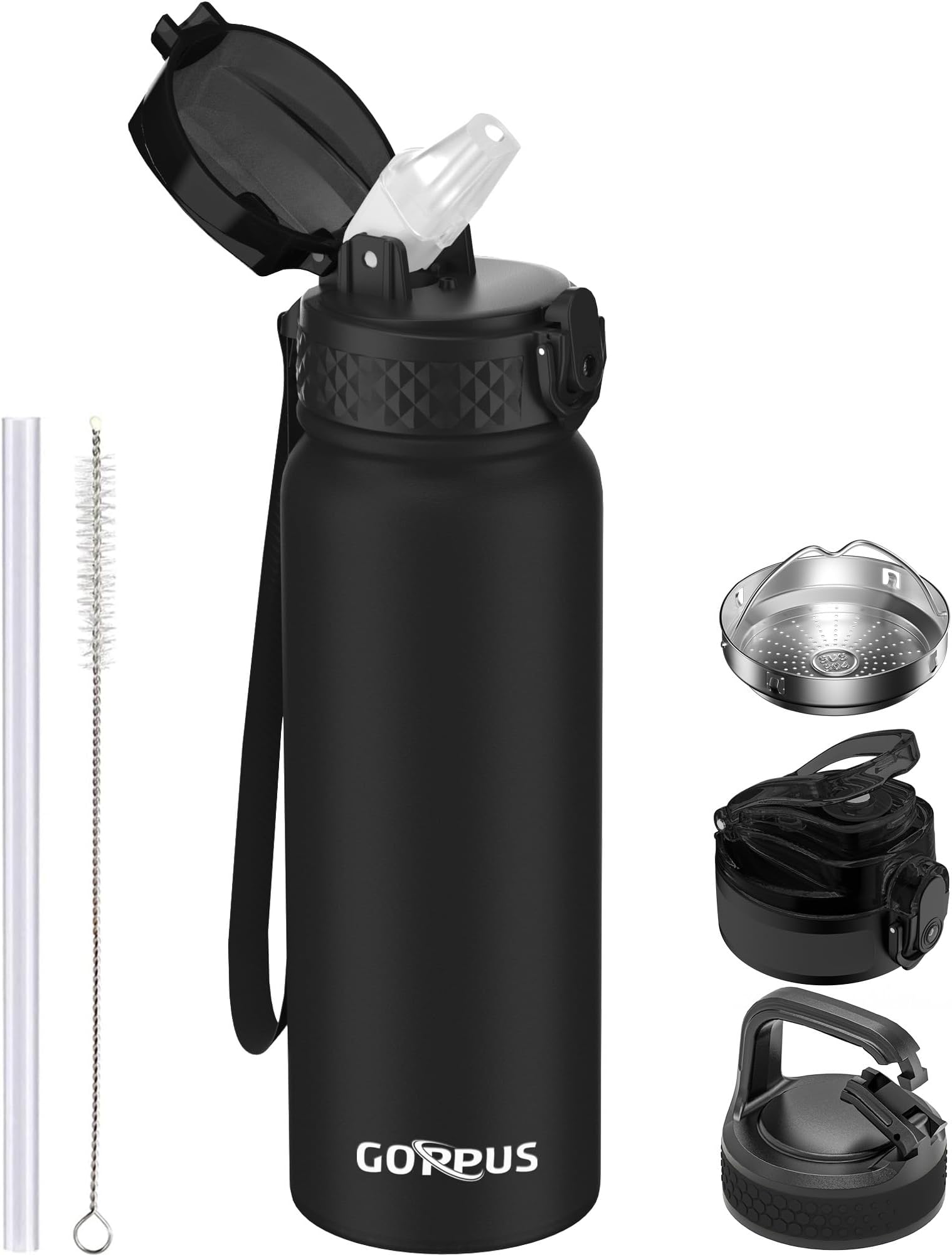 GOPPUS 600ml/20oz Stainless Water Bottle with Straw Double Wall Insulated Bottles with Strap Reusable Vacuum Thermal Flask Leakproof Keep Cold Drinks Bottles with Flip Top Lid for Men Women BPA Free
