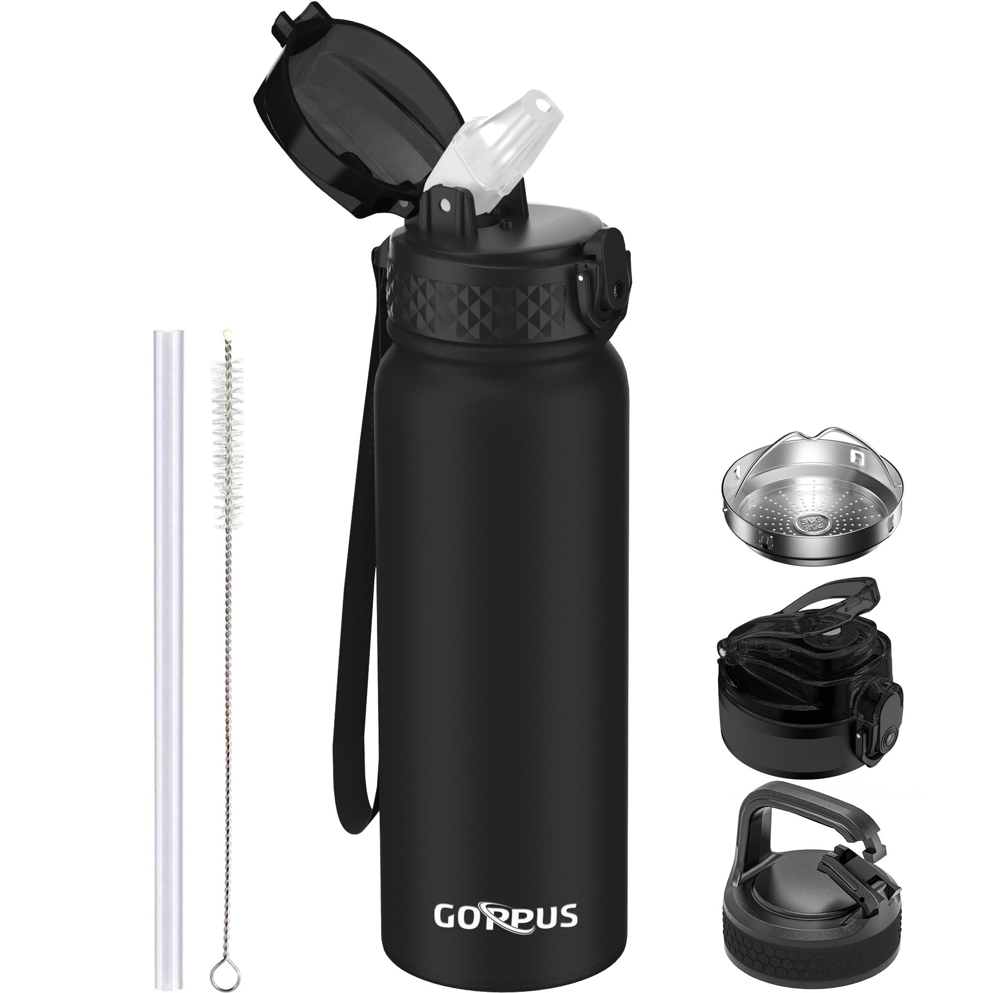 GOPPUS 600ml/20oz Stainless Water Bottle with Straw Double Wall Insulated Bottles with Strap Reusable Vacuum Thermal Flask Leakproof Keep Cold Drinks Bottles with Flip Top Lid for Men Women BPA Free