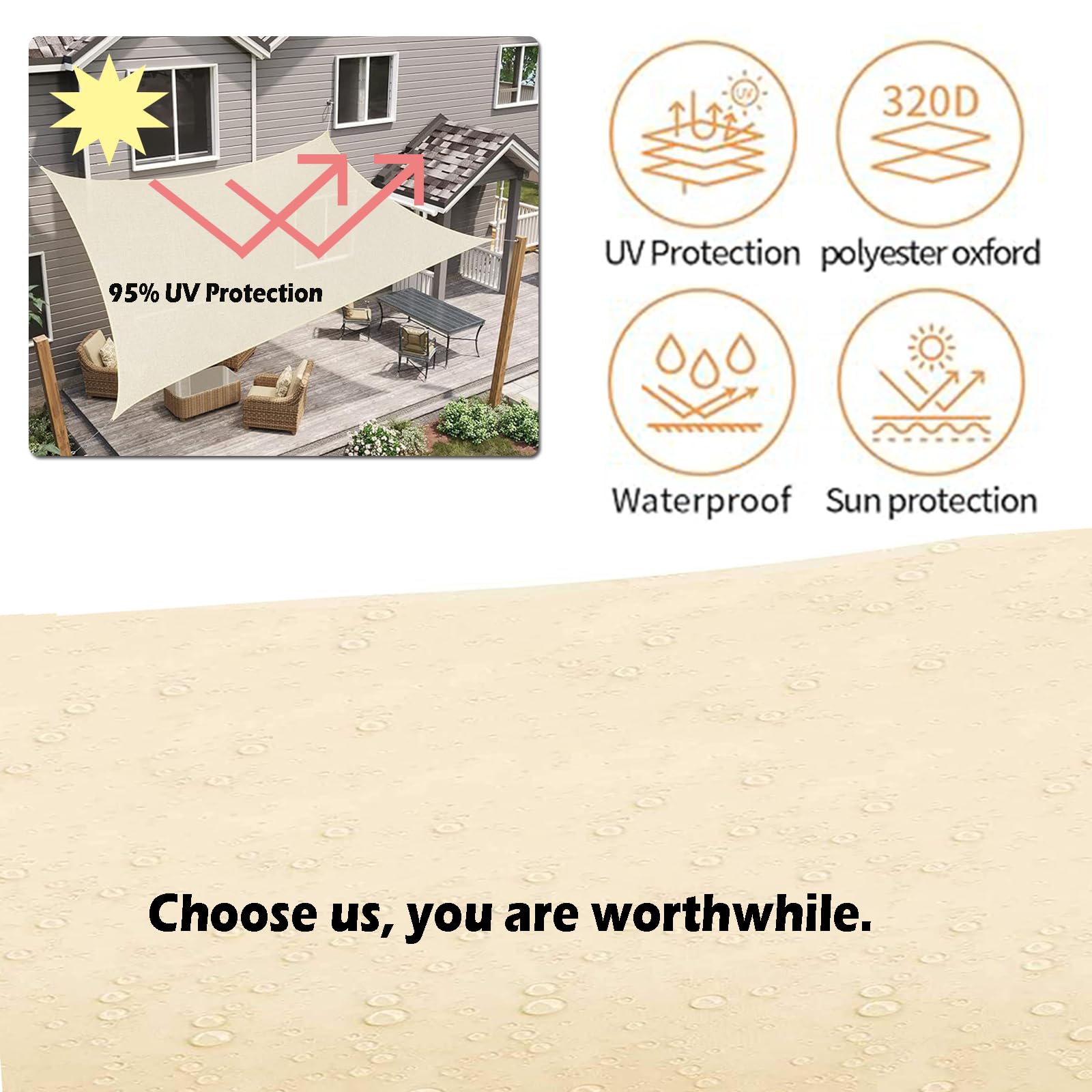 3 x Terrassensonne mit UV-Schutz, reißfest, verschiedene Größen und Farben, Polyester, für Garten und Terrasse