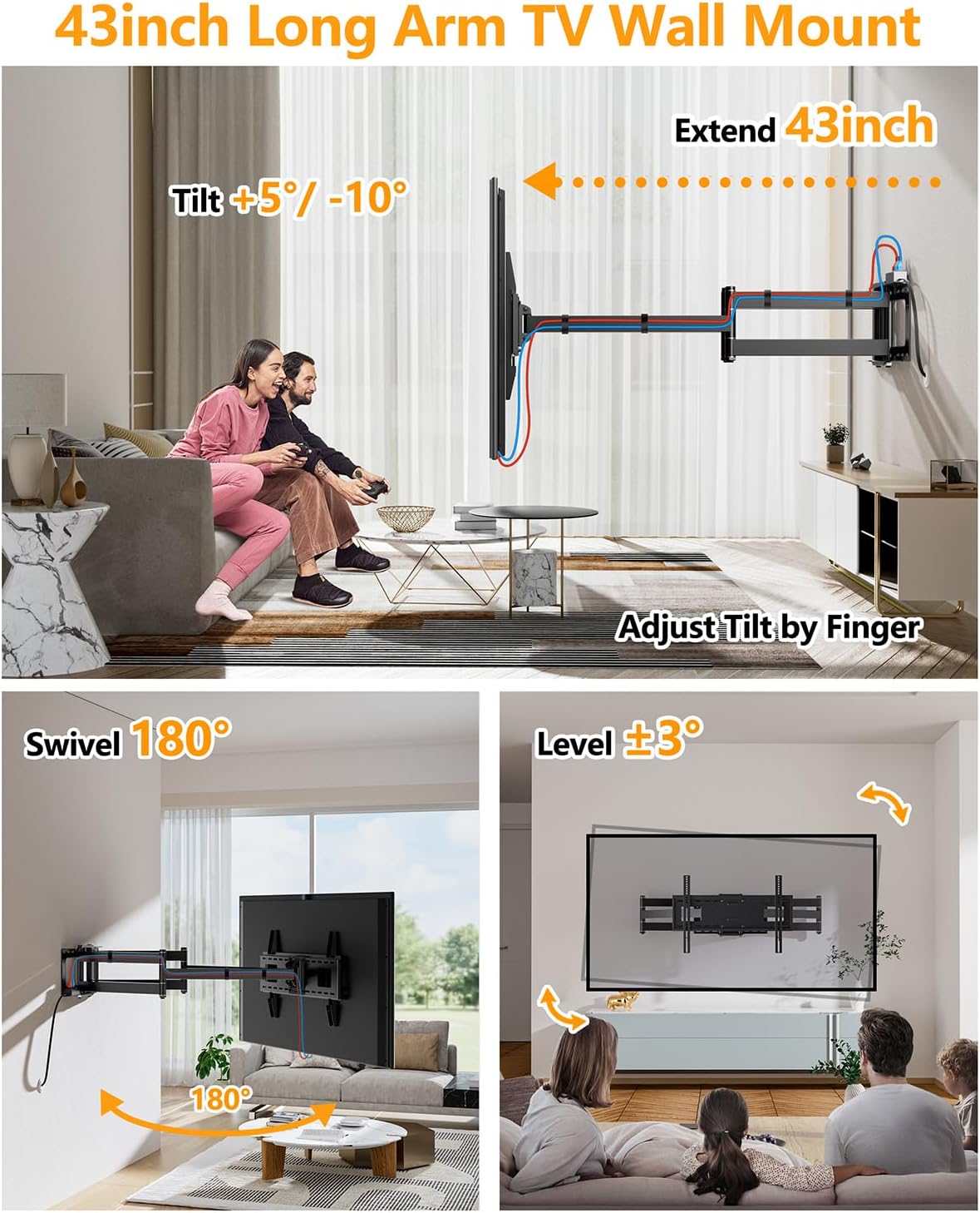 Diagram illustrating the tilt, swivel, and level adjustments of the TV wall mount