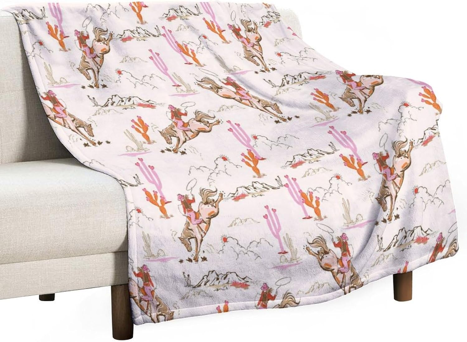 Western Cowgirl Blanket Wild West Desert Horse Pink Cactus Cartoon Abstract Art Soft Cozy Lightweight Throw Blanket for Girls Women Bedroom Living Room Dorm Chair Sofa Travel 70x80in