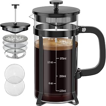 QUQIYSO French Press Coffee Maker 304 Stainless Steel French Press with 4 Filters Heat Resistant Durable Easy Care Borosilicate Glass Coffee Press 100% BPA Free Glass Teapot 21oz White
