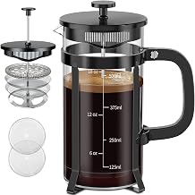 QUQIYSO French Press Coffee Maker 304 Stainless Steel French Press with 4 Filters Heat Resistant Durable Easy Care Borosilicate Glass Coffee Press 100% BPA Free Glass Teapot 21oz White