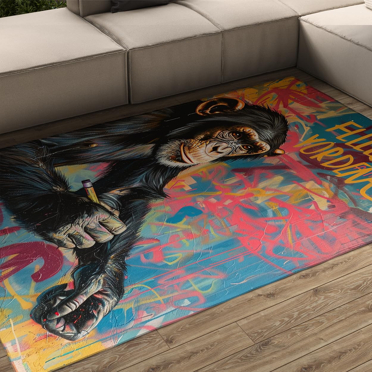 Tapis graffiti singe 120x150 cm multicolore à poil bas et antidérapant pour le salon
