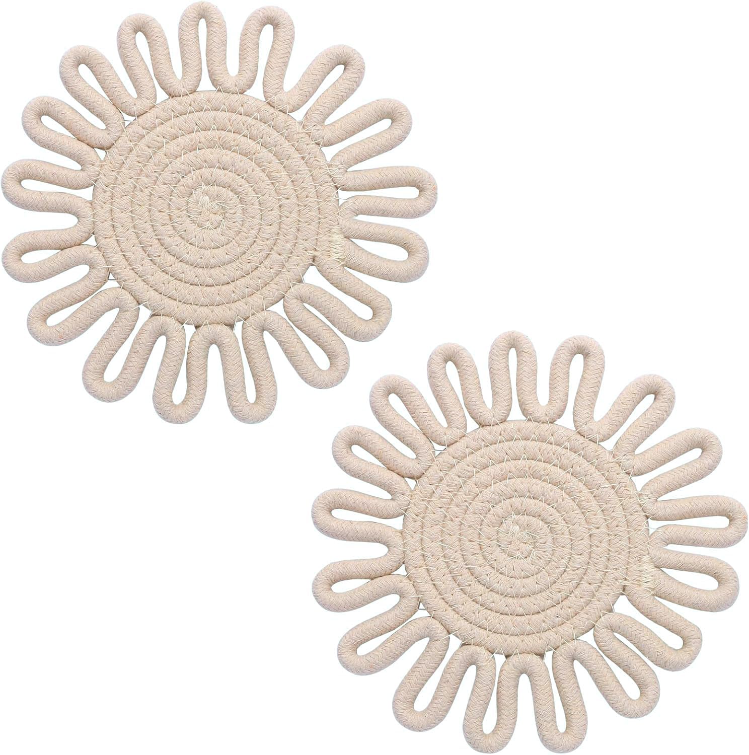 Trivets for Hot Dishes 7.2 Inch Cotton Trivets for Hot Pots and Pans, Heat Resistant Hot Pads for Kichen Unique Petal-Shaped Table Decorations,Set of 2(Off-White)
