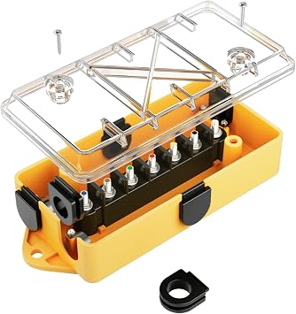 MECMO 7 Way Trailer Wire Junction Box Clear Cover Color-Coded 7 Pin Terminal Studs, Heavy Duty 7 Gang Trailer Wiring Connector Weatherproof Electrical Junction Box for Rewiring RV Camper Trailer Light