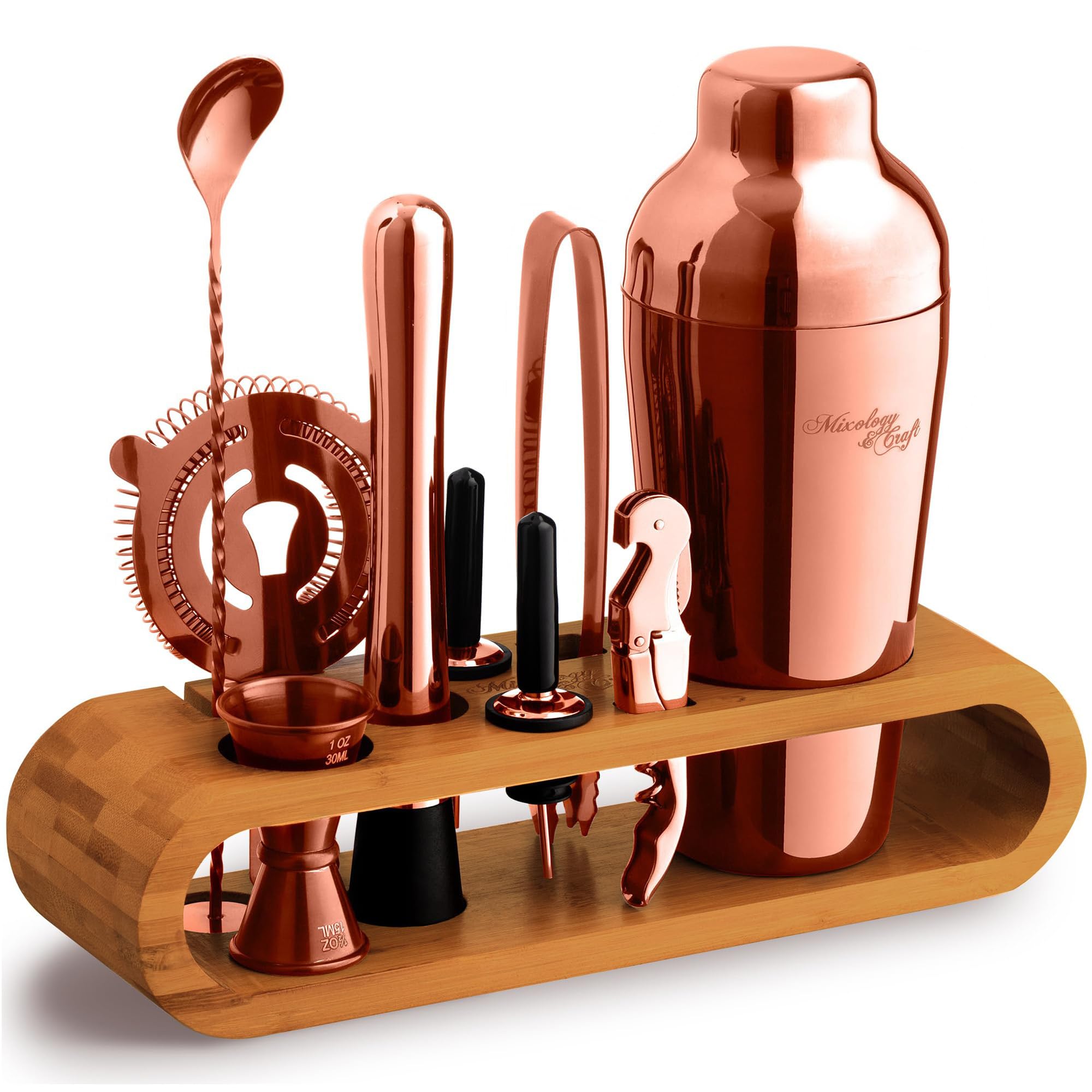 Mixology Cocktail Shaker Set - 10-Piece Cocktail Making Set - Home Bartender Kit in Bamboo Stand with Spoon, Boston Shaker, Other Tools for Drink Mixing, Martini, Mocktail - Gift Set (Copper)