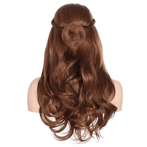 Miniatura 4 de Peluca de cabello sintético largo ondulado marrón con trenzas para mujer, pelucas de cosplay (marrón claro)