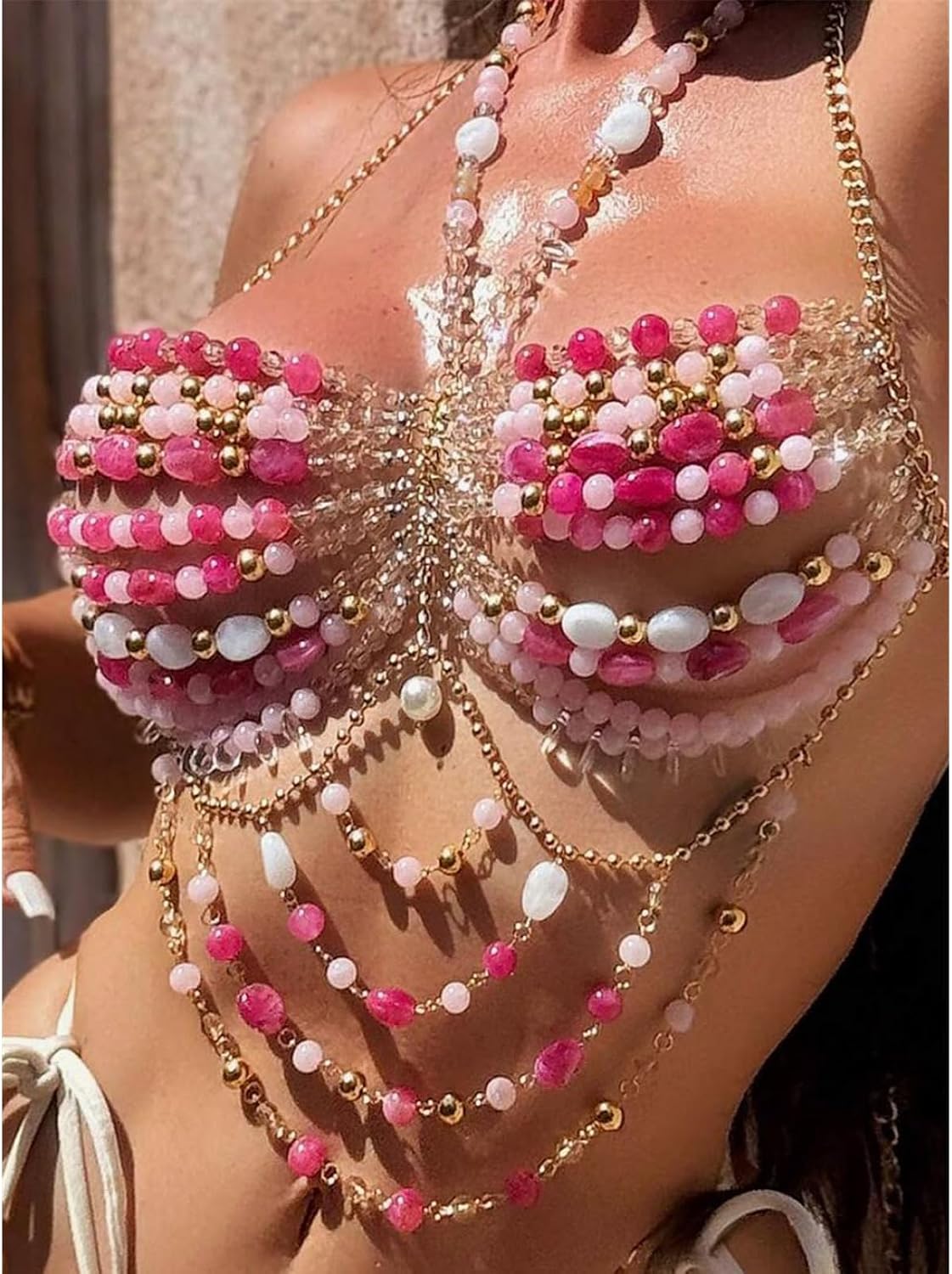Boho Crystal Beaded Body Chain for Women, Adjustable Layered Chest Chain Necklace, Beach Pearl Bead Bra Jewelry, Crystal Bead Body Jewelry, Festival Rave Summer Vacation Accessories