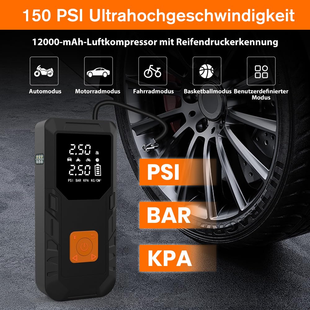 Junsun Auto Starthilfe Luftpump Powerbank 450A 12V 18W 12000mAh Junmper Starter mit Bildschirm 6.5L Gas, 5.0L Diesel Luftpump für Auto, Motorrad, Bälle