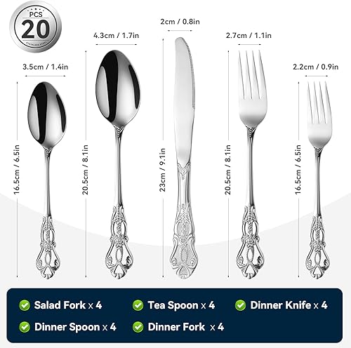Miniatura 9 de Silverware Set Service for 4, 20-Piece Premium Stainless Steel Flatware Set Includes Fork Spoon Knife, Gorgeous Cutlery Set, Anti-Rust Kitchen