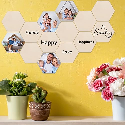 Miniatura 4 de 100 piezas de madera hexagonal sin terminar, recortes de madera en blanco con forma de hexágono, losas de madera natural, recortes para