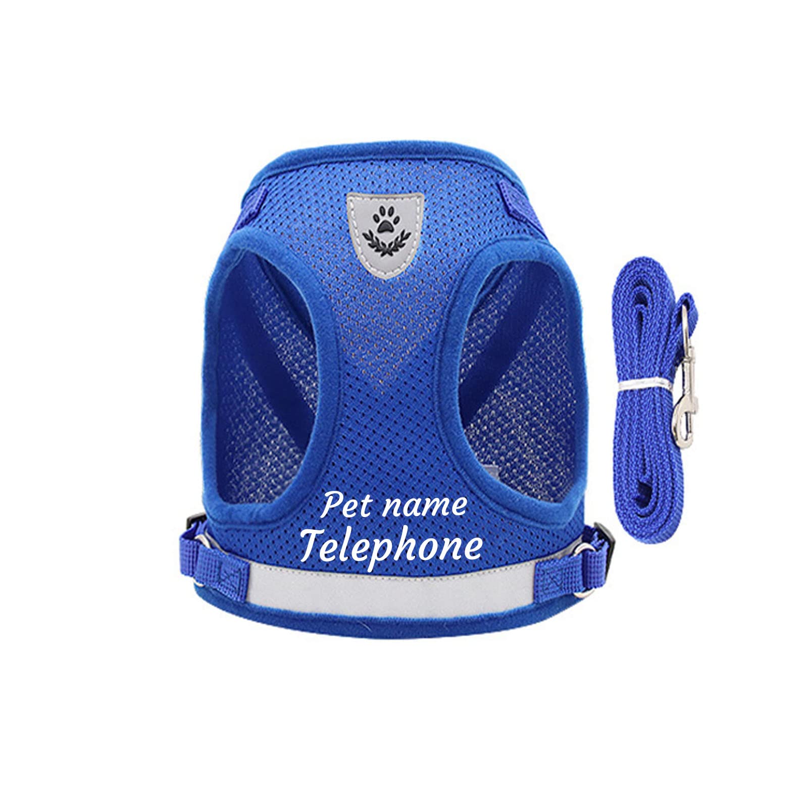 Deggodech Personalized Dog Harness with Pet Name & Phone, Reflective Personalised Dog Harness with Name Soft Breathable Custom Cat Vest Harness and Leash Set for Small Medium Large Dog (Blue, S)
