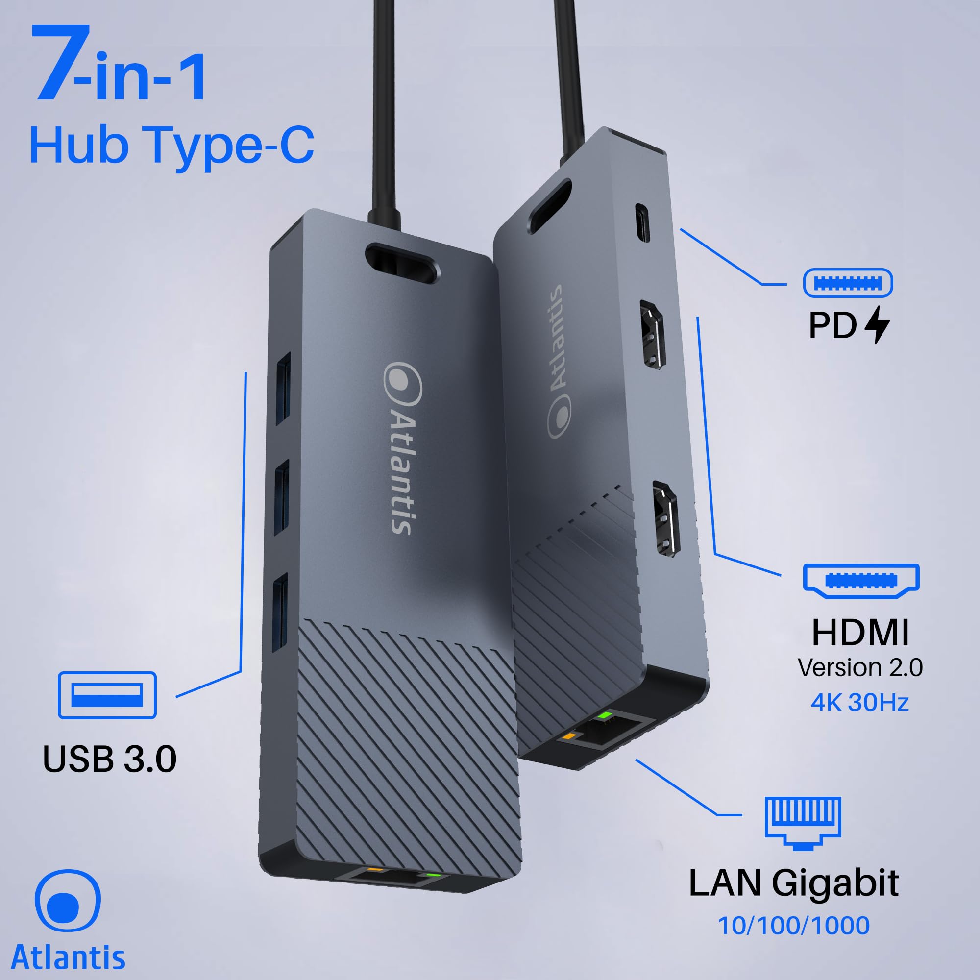 ATLANTIS Docking Station USB-C con Dual Display HDMI 4K, LAN Gigabit RJ45 | 3 porte USB 3.0, PD 85W, cavo 18 cm, compatibile con notebook, cod. A04-TC_DK48