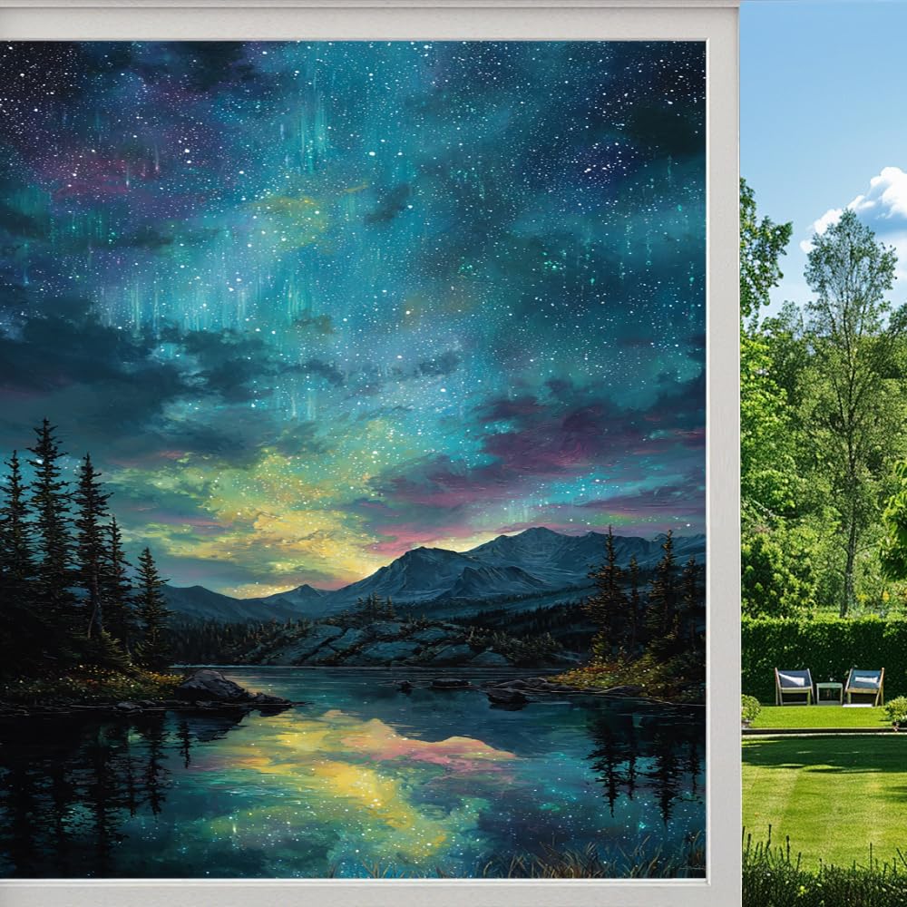 Pmlbaous Starry Night Aurora Privacy Window Film, Northern Lights Lake Pine Tree Frosted Self-Adhesive Vinyl Cling For Glass Doors Bathroom Windows Sun Blocking Heat Control, （90X160cm）