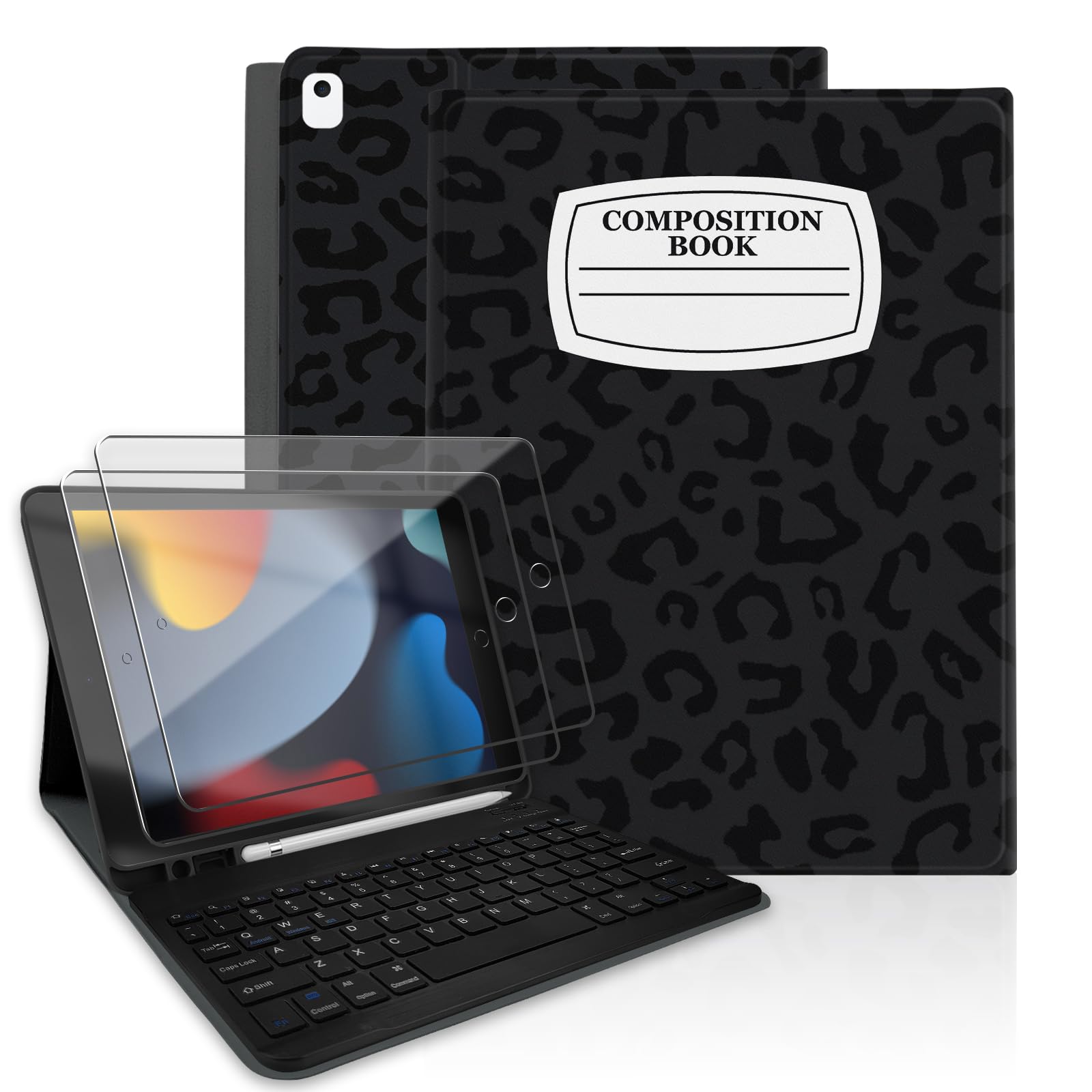 Funda con teclado para iPad de 9ª generación de 10.2 pulgadas 2021, magnéticamente absorbente, apagado y encendido automático, soporte para lápiz con 2 películas templadas para iPad de