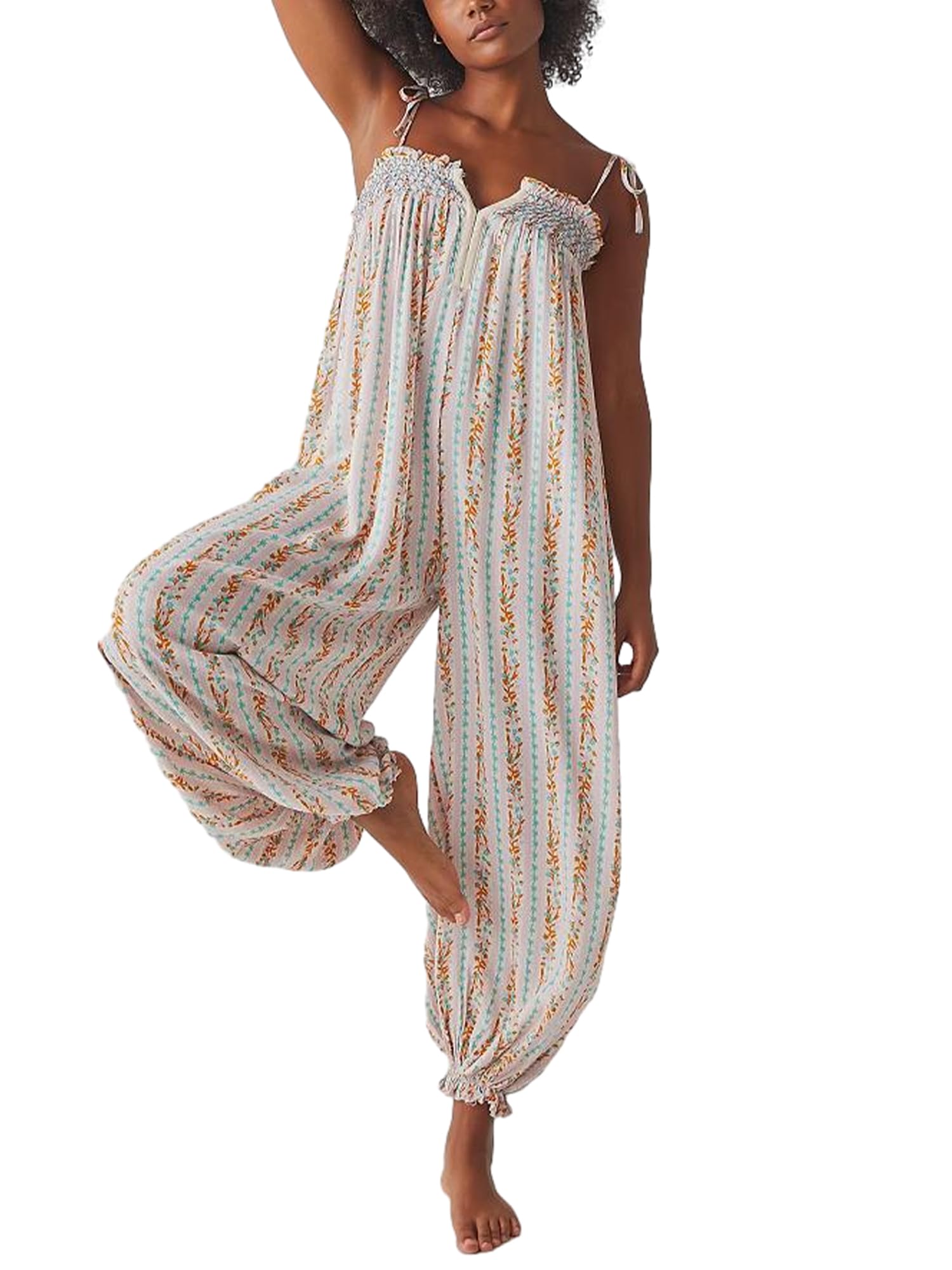 Women Tie Up Spaghetti Strap Jumpsuits Boho Floral Wide Leg Long Pants Romper Ethnic Beach Harem Pants