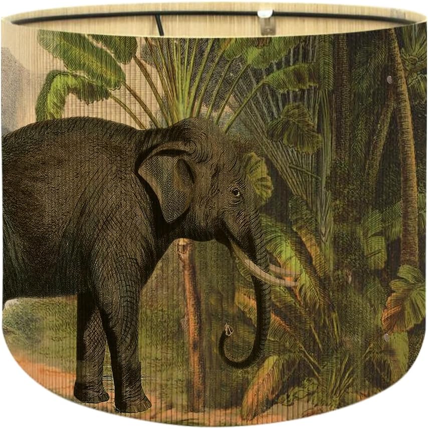Bamboo Drum Lamp shade for table lamps and floor lamps With Tropical Colorful Animals Design, Art Deco, Rustic And Retro, Groovy Unique(size 11.8 Inch) (elephant)