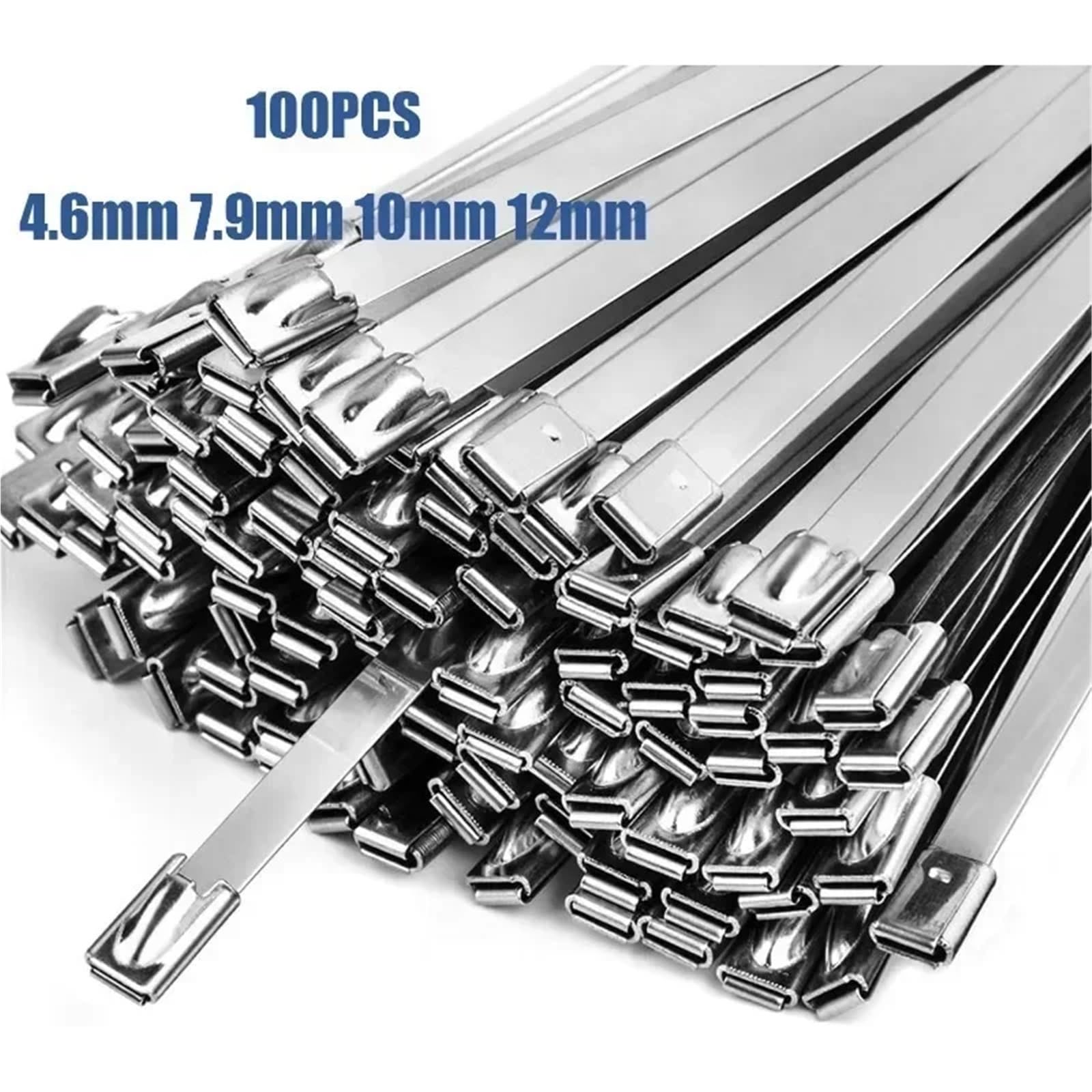 Metalowe opaski zaciskowe, 100 sztuk samoblokujących opasek kablowych ze stali nierdzewnej 4,6-12 mm x 100-1500(7.9mm,1200mm)
