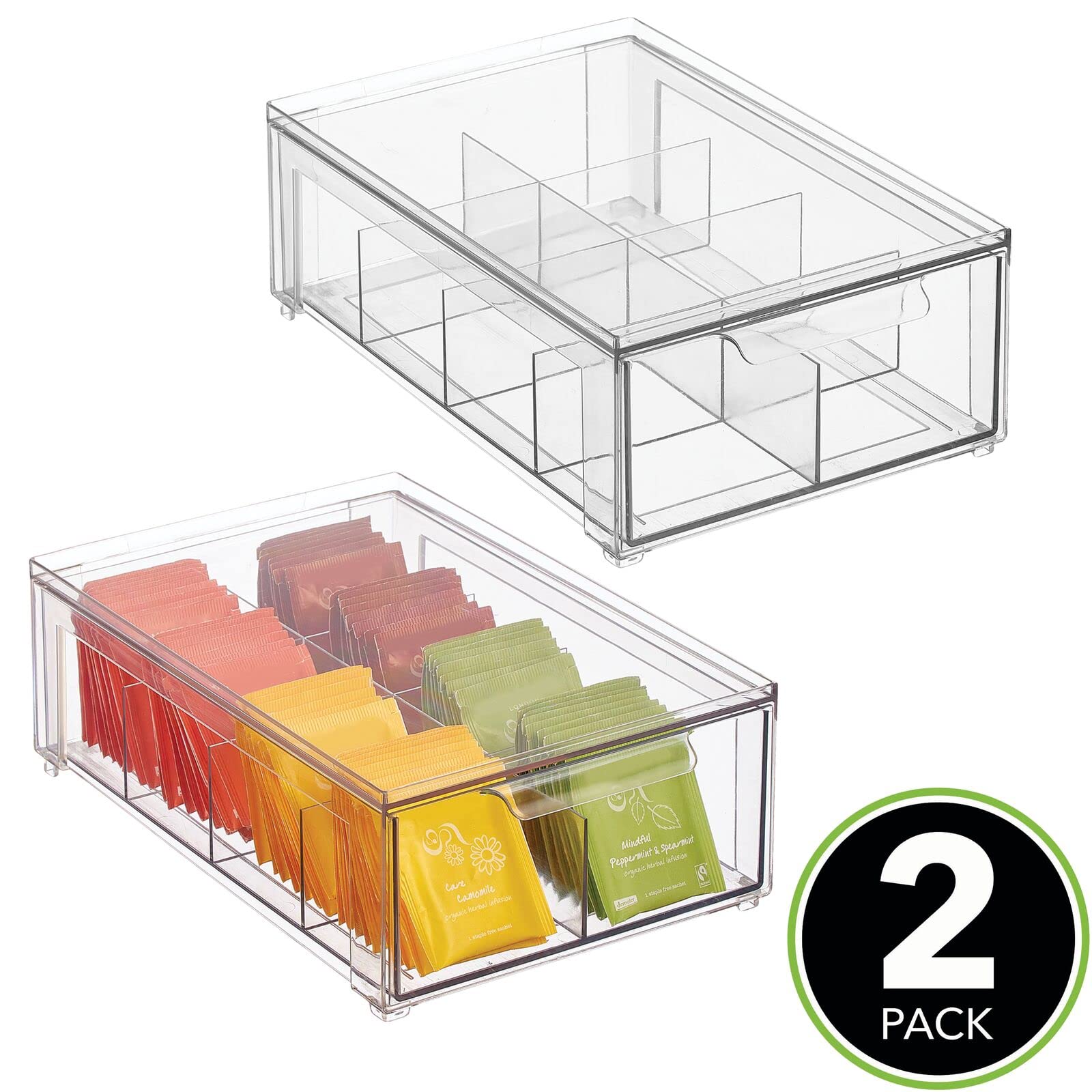 mDesign Plastic Kitchen and Pantry Organizer with Divided Drawer - Stackable Bin with 8 Sections for Tea and Snack Food - Perfect for Organizing Cabinet, Fridge - Lumiere Collection - 2 Pack - Clear