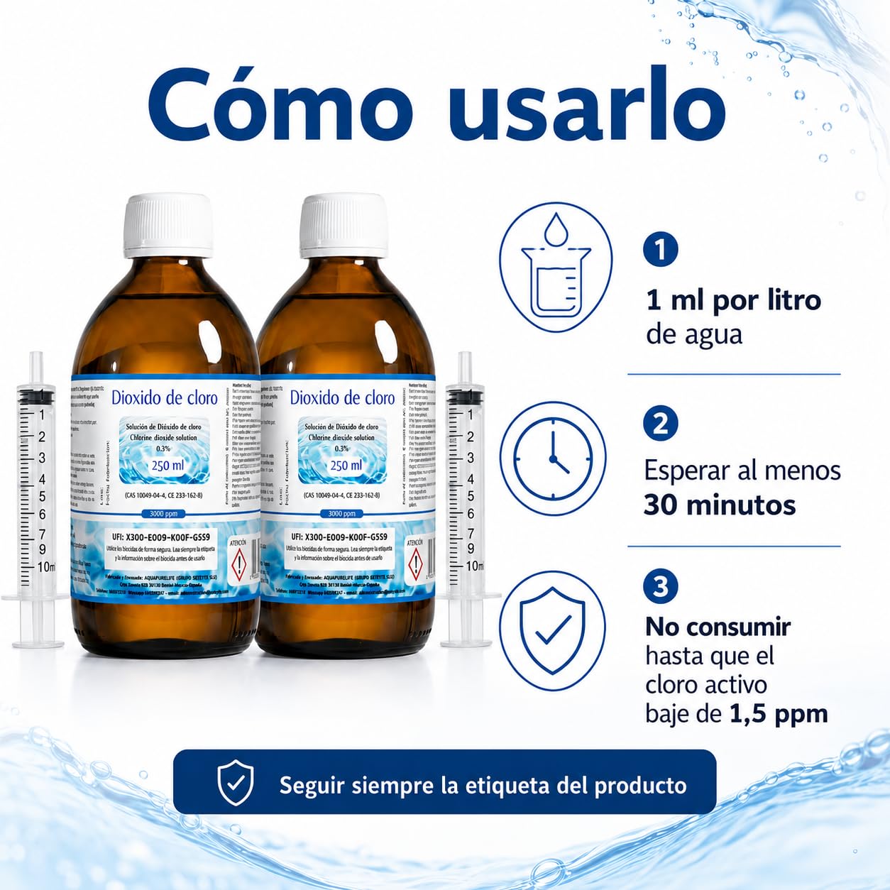 Dióxido de Cloro 3000 ppm - CDS | CDL - Envasado en Botella de Cristal Ámbar - 2 Botellas 250ml = 500ml - Compra Ahorro - Fabricado en España