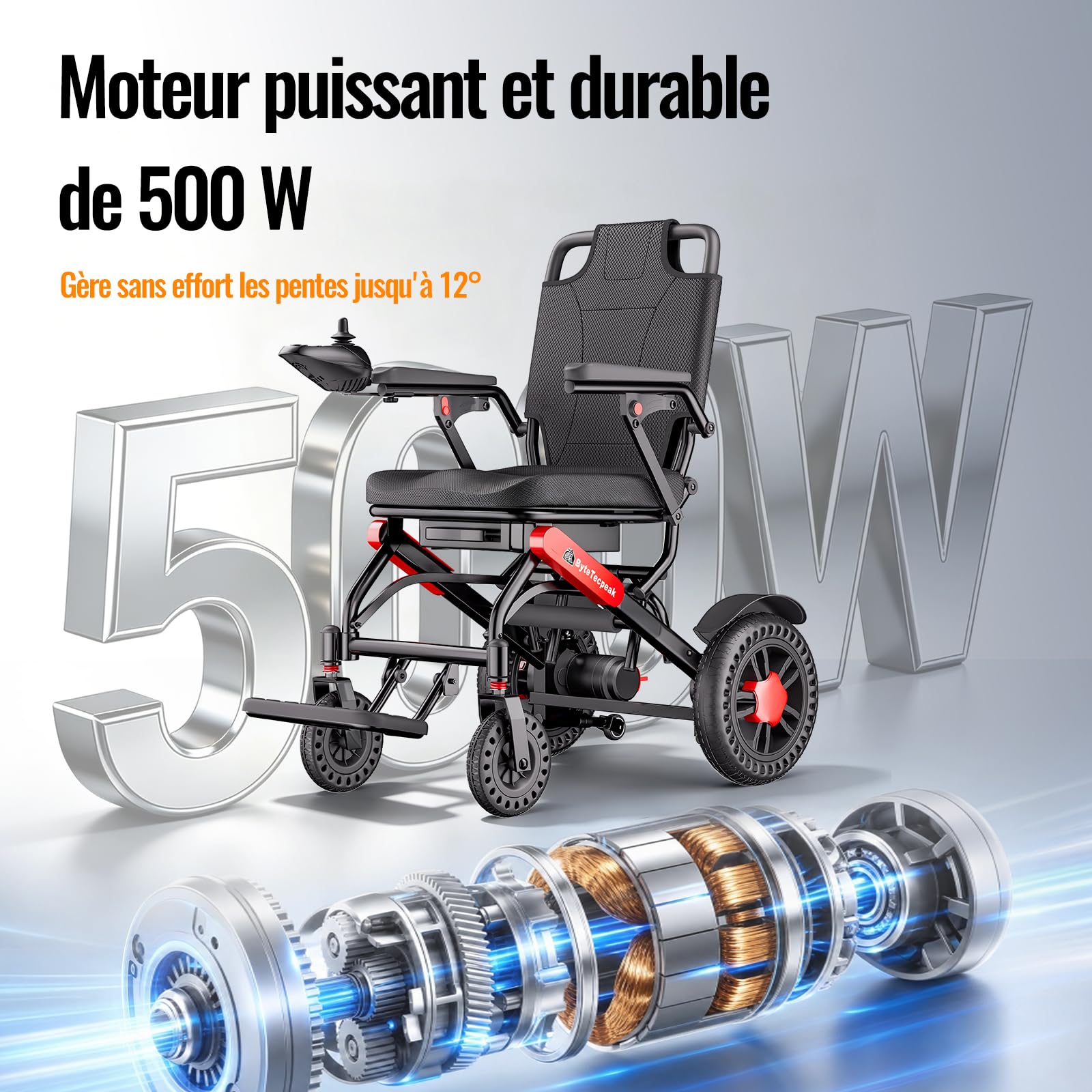 Fauteuil Roulant Électrique Pliable 21kg - Autonomie 25km (Rouge-noir) | 12Ah battery,4-6h fast charge,500W motor,electromagnetic brake,anti-tip,ergonomic seat,manual/electric mode,150kg capacity