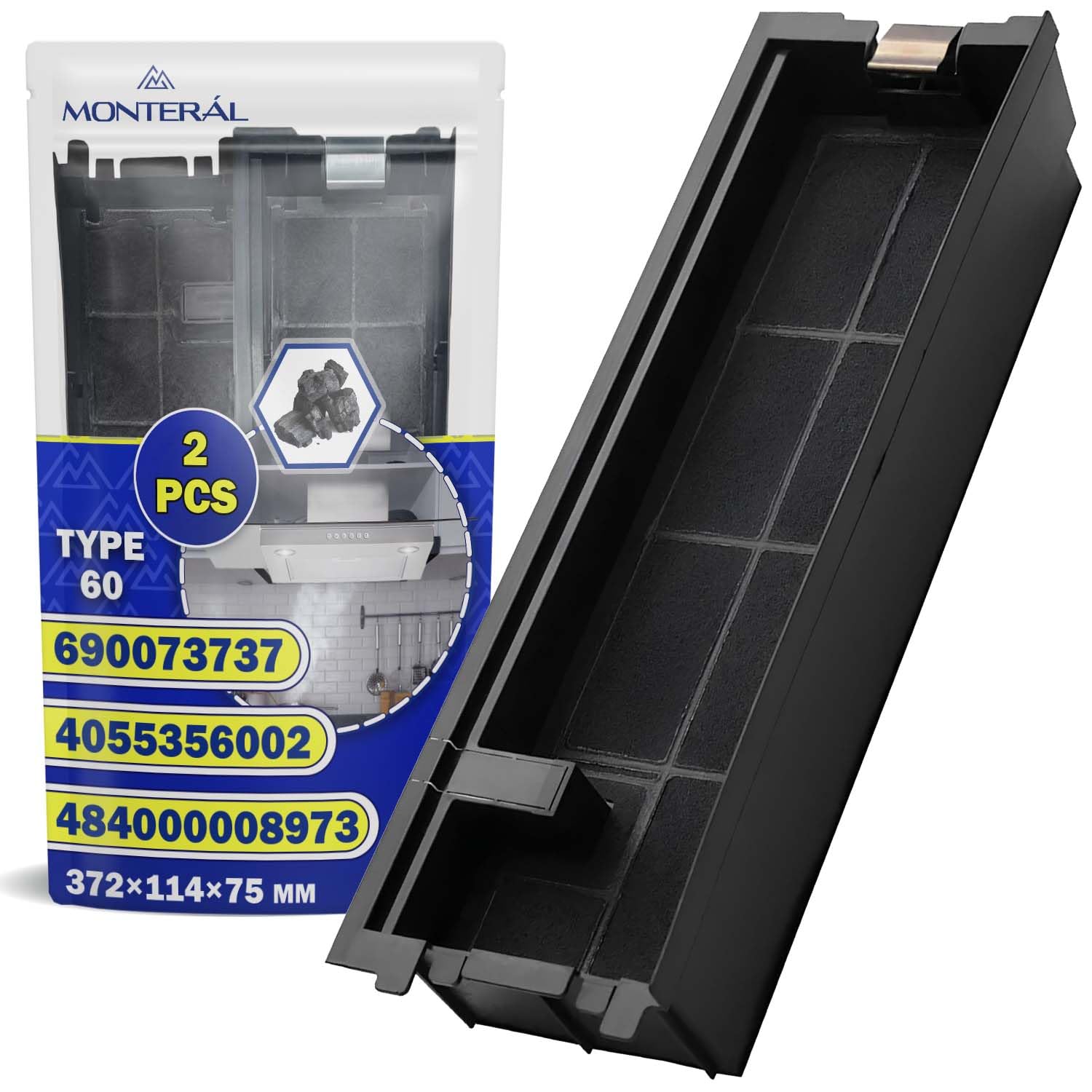 2 szt. filtr węglowy typu 60 372 x 114 x 75 mm z kodem oryginalnym 484000008973 do Whirlpool 4055356002 do AEG dla Electrolux 690073737 dla Smeg C00501764400737 dla Indesizji t - MON