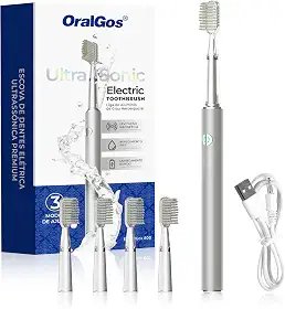Escova de Dentes Elétrica Sônica para Adultos, Cerdas Macias, 3 Modos de Limpeza, 4 Cabeças Extras, Recarregável USB, IPX7 à Prova d’Água (Prata)