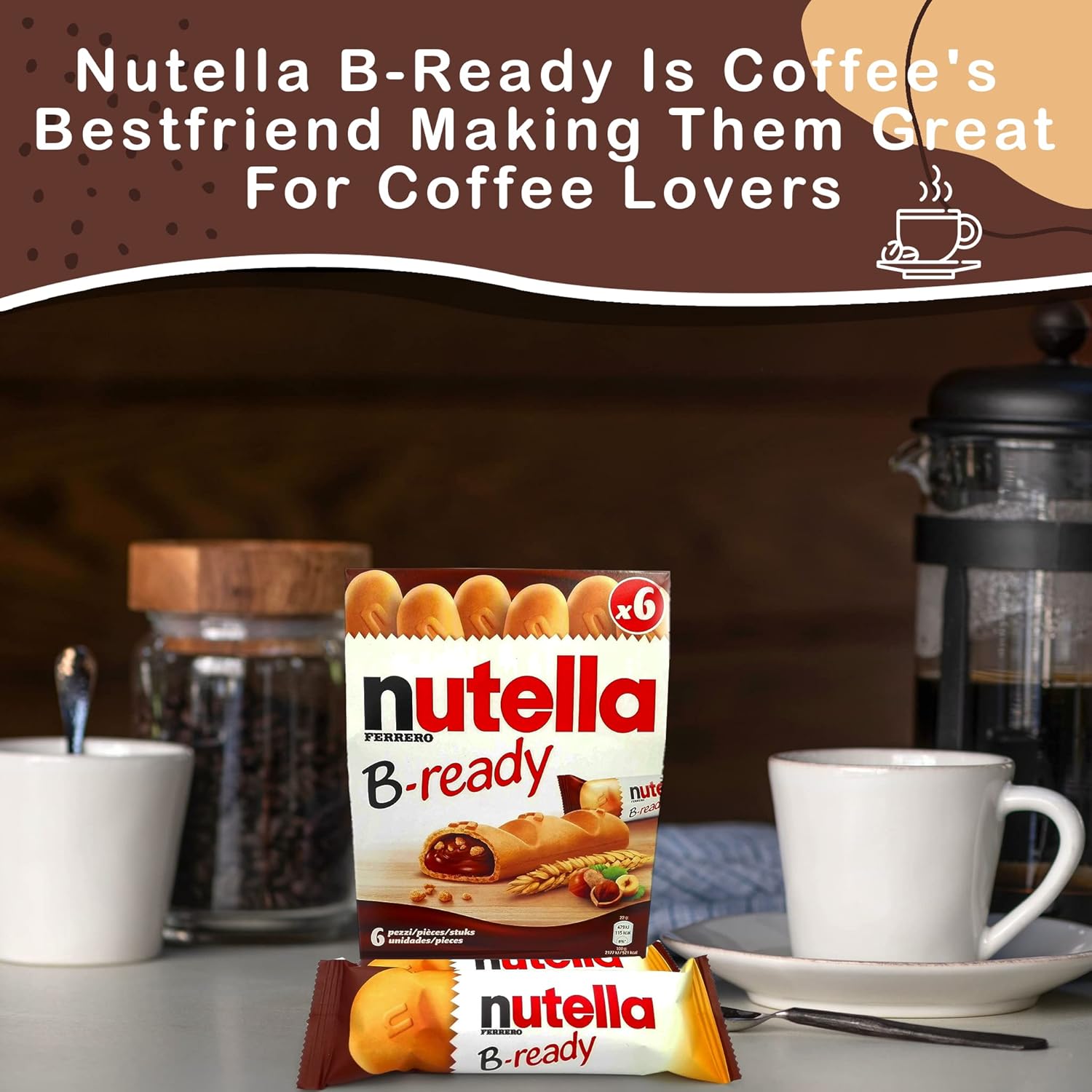 Nutella B-Ready Pack of 6 Bars Plus 1 Free Bar - Nutella Taste with Crispy Wafer Bars Filled with Nutella Spread and Puffed Wheat Crisps (2pk), 10.8644 Ounce