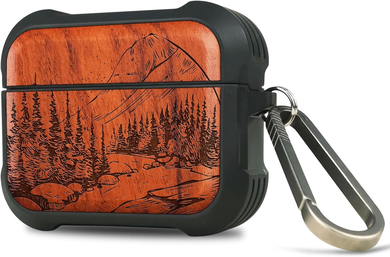 Carveit Wooden Case for AirPods Pro 2nd/1st Gen Case, Wood Artisan Engraved & TPU Shockproof Cover, Titanium Quick Released Clasp, Wireless Chargers Compatible (Lake and Mountain) Rosy