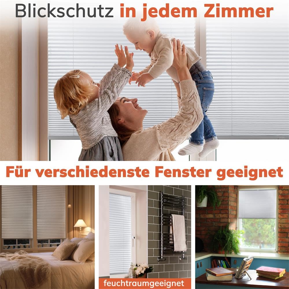 Plissee Klemmfix [Weiß, 120x140 cm] Verdunkelung für Fenster ohne Bohren | Faltrollo mit einfacher Montage/Bietet optimalen Lichtschutz und Privatsphäre, idealer Sonnenschutz für jedes Fenster