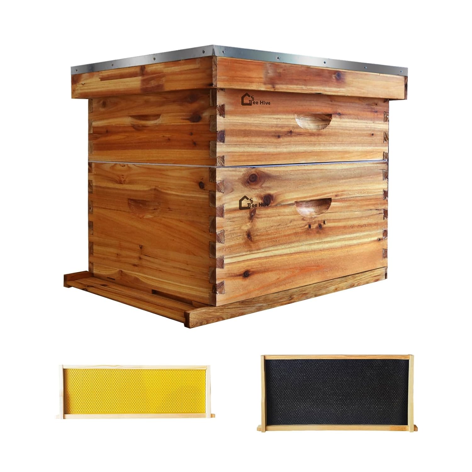 10-Frame Langstroth Beehive Box, Solid Cedar Wood Construction, 1 Deep Brood Box + 1 Medium Super, Natural Beeswax Coated Frames, No Window, for Beginner Beekeepers