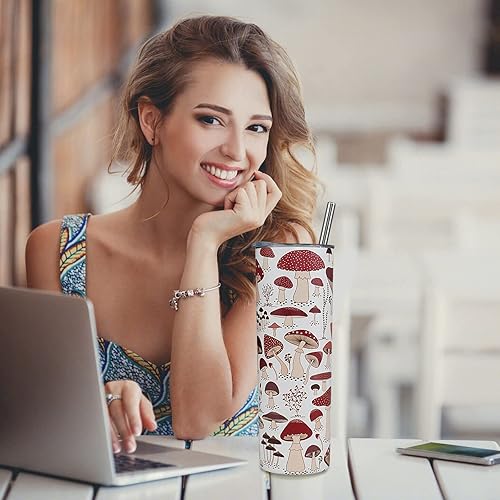 Miniatura 5 de Yuzlin Vaso de hongos con tapa y pajita, de acero inoxidable, de 20 onzas, vaso delgado con diseño de hongos, taza de viaje, lindo vaso de café,