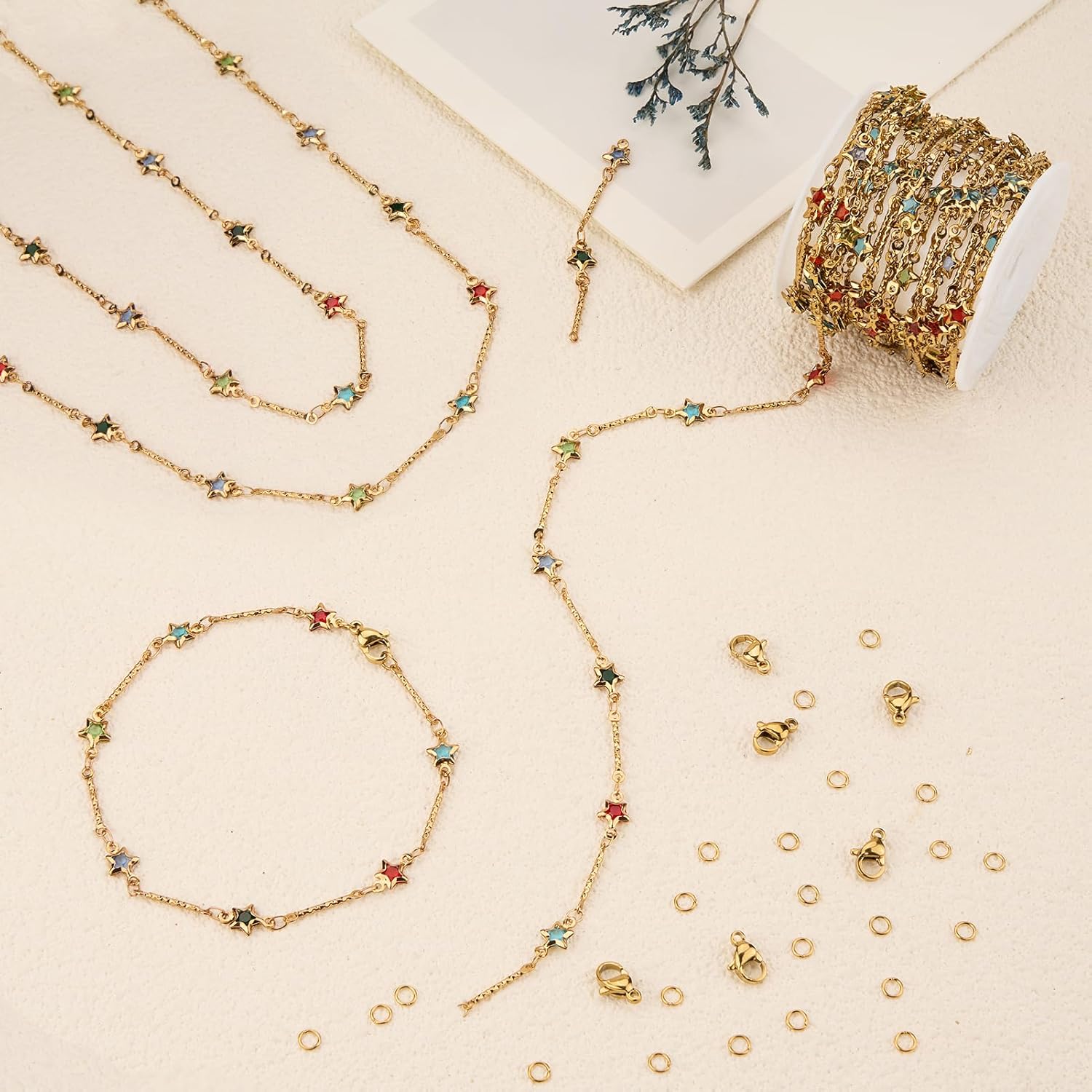 YOUBEIYEE 3 Meters Gold Plated Stainless Steel Star Chains Bulk on Spool Colorful Rhinestone Chain for Jewelry Making