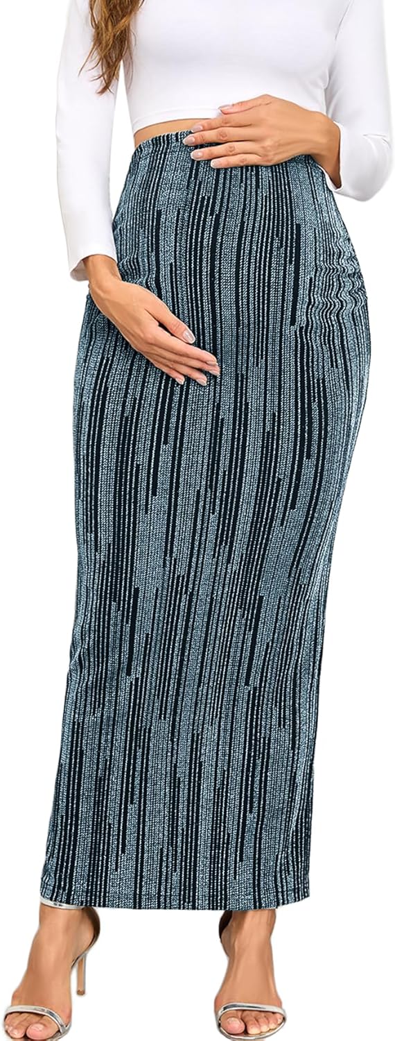 Maternity Sparkly Adjustable Waist Maxi Skirt Over The Belly Stretchy Pregnancy Long Pencil Skirts