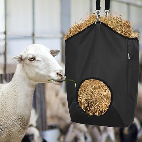 Miniatura 7 de Paquete de 3 comederos de heno para cabra, bolsas de heno para cabras, caballos, ovejas, tela Oxford 600D de alta calidad, con cierre de metal y