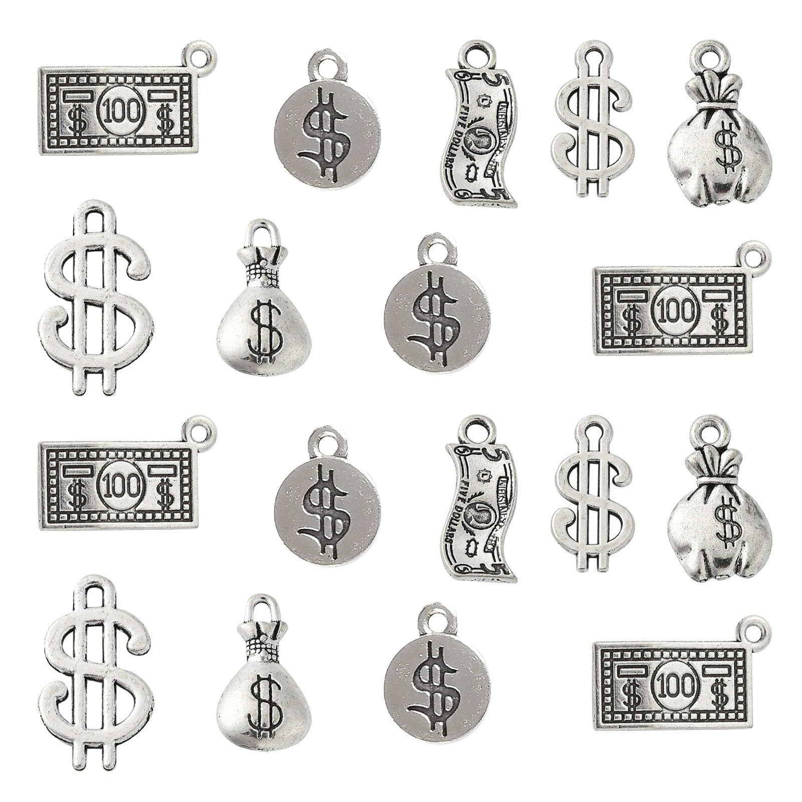 Stiesy 70Pcs 7 Styles Tibetan Money Charms Antique Silver Dollar Sign Charm Bulk Vintage Dollar Bill Money Bag Metal Dangle for Bracelet Jewellery Making DIY Craft Necklace