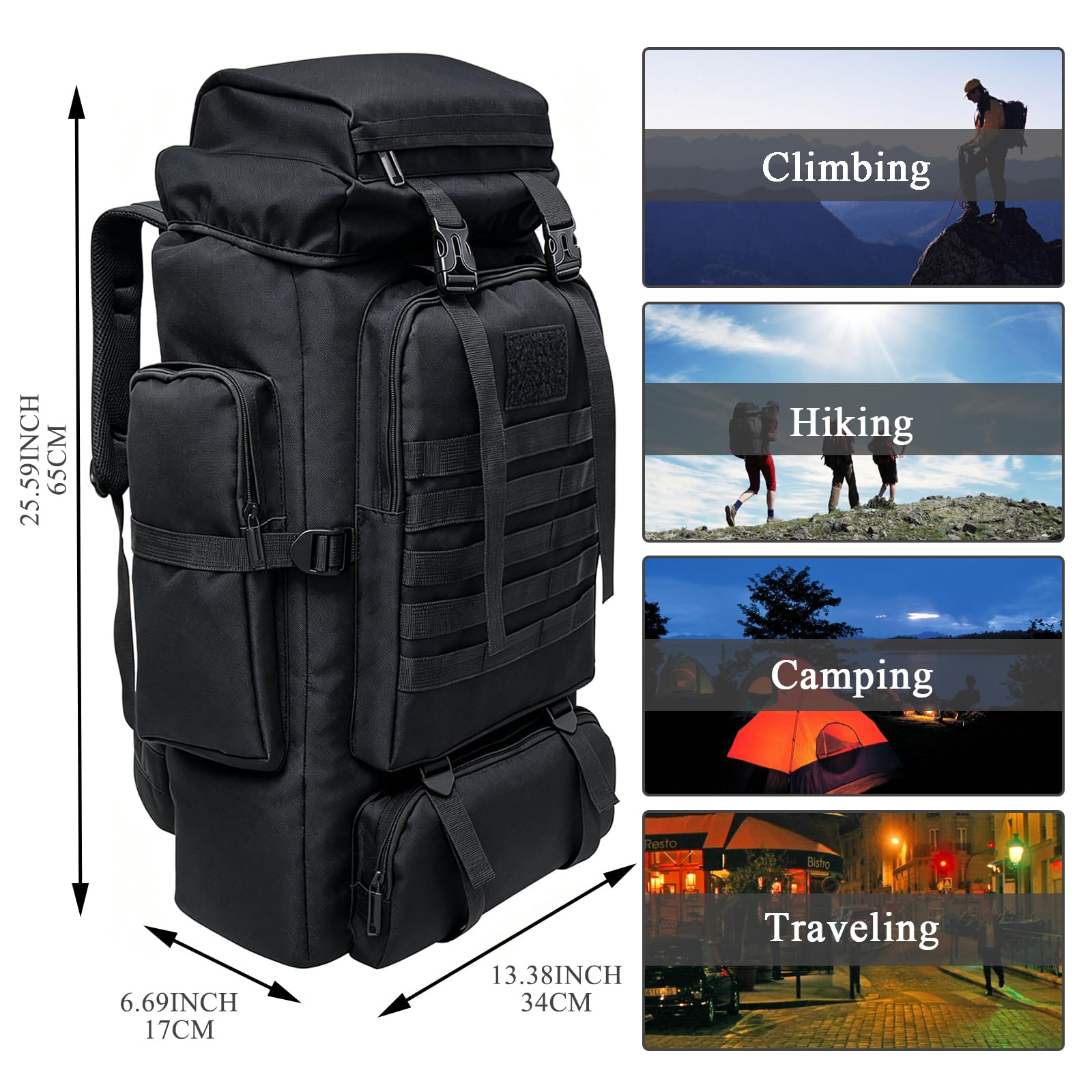 80L Wanderrucksack Campingrucksack, 80 Liter Großes Fassungsvermögen Outdoor-Rucksack Reiseklettern Bergsteigen Handgepäcktasche, Trekkingrucksack für Herren Damen, Schwarz