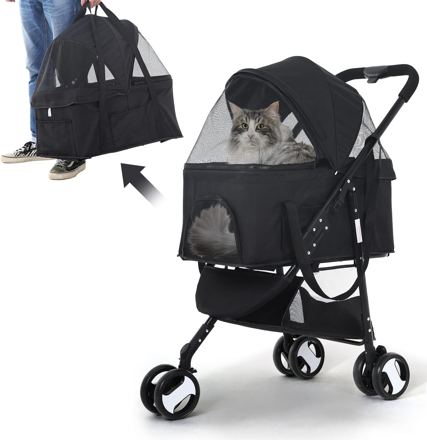 Pet Stroller Dog Stroller 3-in-1 Folding Cat Stroller 3 Wheels with Detachable Carrier Storage Basket for Medium Small Dogs Cats Puppy Stroller for Travel, Black