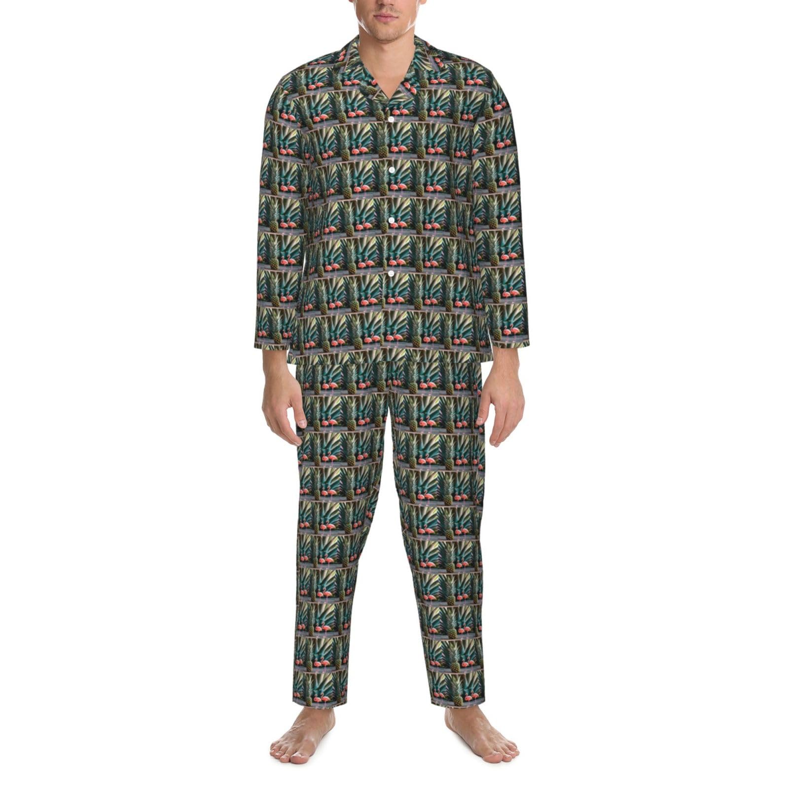 Herren-Pyjama-Set, langärmelig, Ananas-Flamingo-Druck, zweiteilig, Hauskleidung, bequeme Nachtwäsche, Nachtwäsche