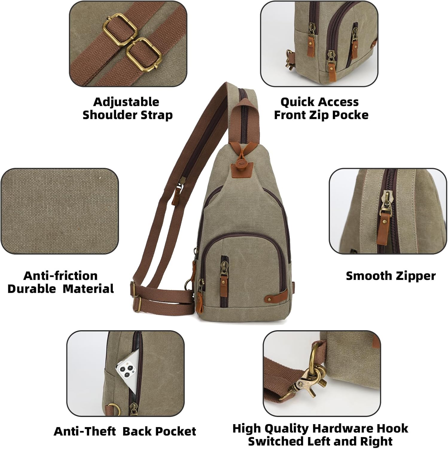 KL928 Canvas Sling Bag Crossbody Backpack Shoulder Casual Rucksack for Men Women,Olive Green - Image 3