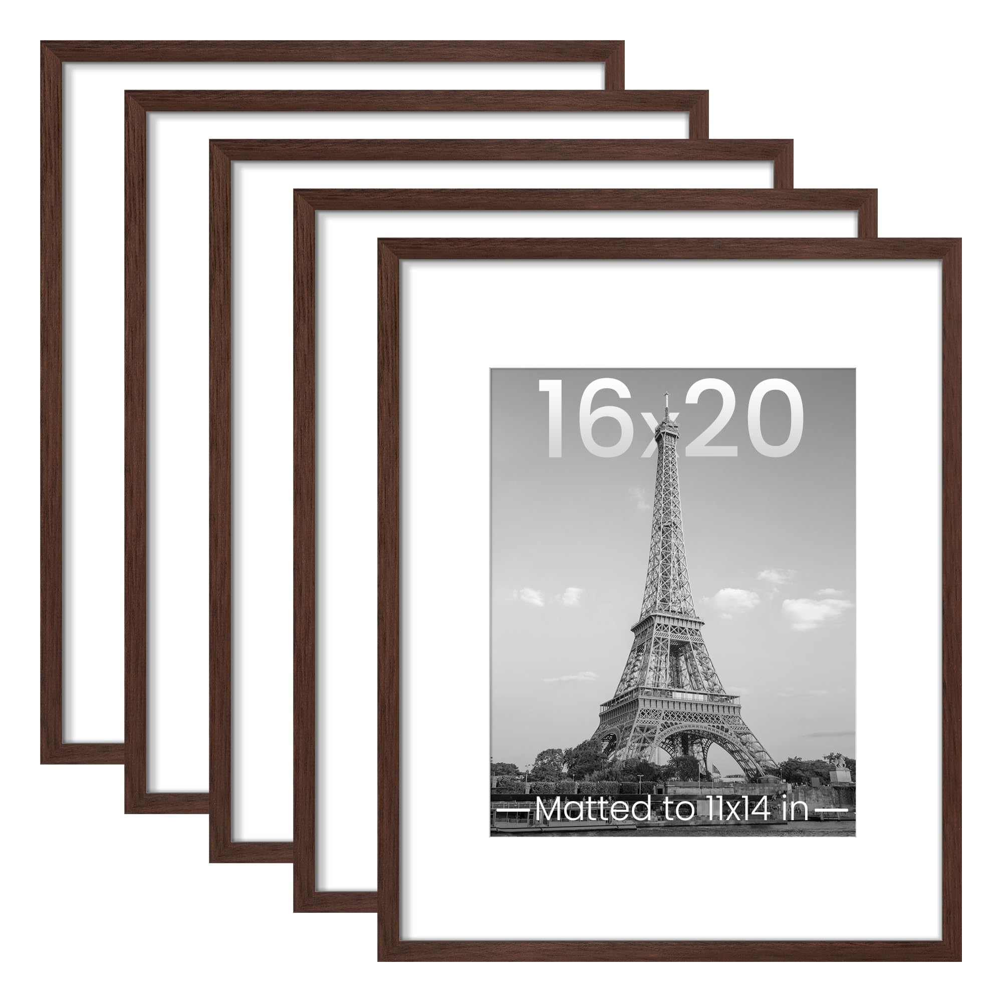 upsimples 16x20 Picture Frame Set of 5, Display Pictures 11x14 with Mat or 16 x 20 Without, Wall Gallery Poster Frames, Brown